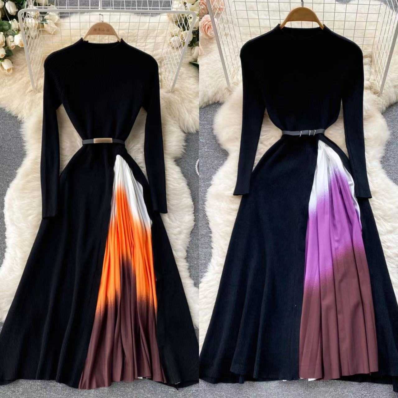 

Advanced Sense Niche Design Color Contrast Temperament Long Sleeve Dress Autumn Women's Hepburn Style Waist Closed Pleated, Purple 811