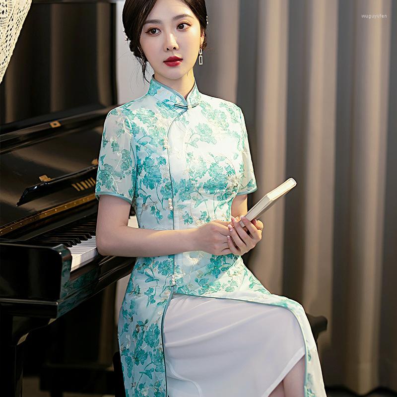 

Ethnic Clothing Autumn Elegant Short Sleeve Embroidery Chiffon Cheongsam Sexy Improve Side Split Aodai Qipao Chinese Women Dress