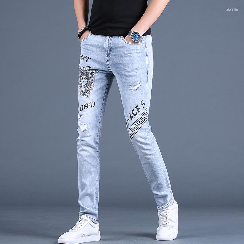 

Men's Pants Wholesale Hip Hop Men's Printed Ripped Skinny Jeans Trendy Casual Long 2022 Korean Style Teenagers Pencil, Sky blue