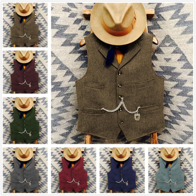 

Men' Vests Men Suit Vest Wool Blended Tweed Slim Fit Herringbone Leisure Male Gentleman Steampunk Business Waistcoat For Wedding Groomsmen, Black