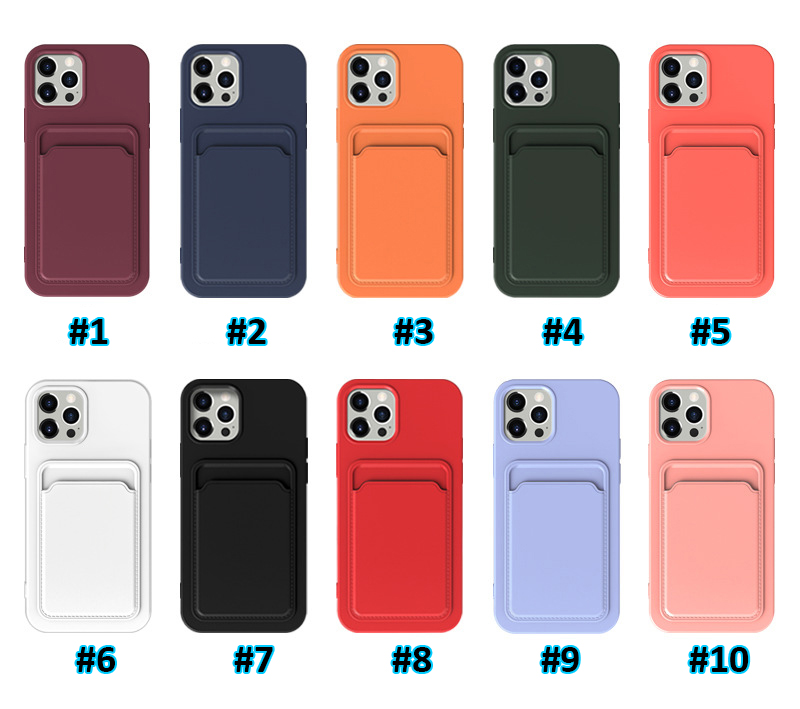 

Card Slot Holder Liquid Silicone Soft Phone Cases for iPhone 14 13 12 11 Pro Max Mini XR XS X 8 7 6 Plus Pure Color TPU Case Cover, Remark colors(#1 to #12)