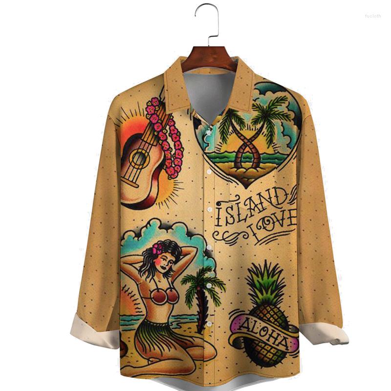 

Men' Casual Shirts Men' Hawaiian Coconut Tree And Hula Beauty Print Breathable Long Sleeve Shirt, Sky blue
