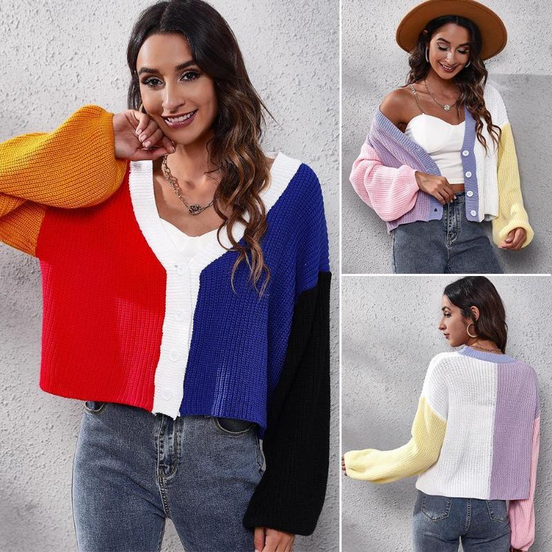 

Women' Sweaters Outside Will Die Cross-border For Bump Color Knitting Cardigan Spell Easy Brief Paragraph Sweater Female Winter, Spell white powder