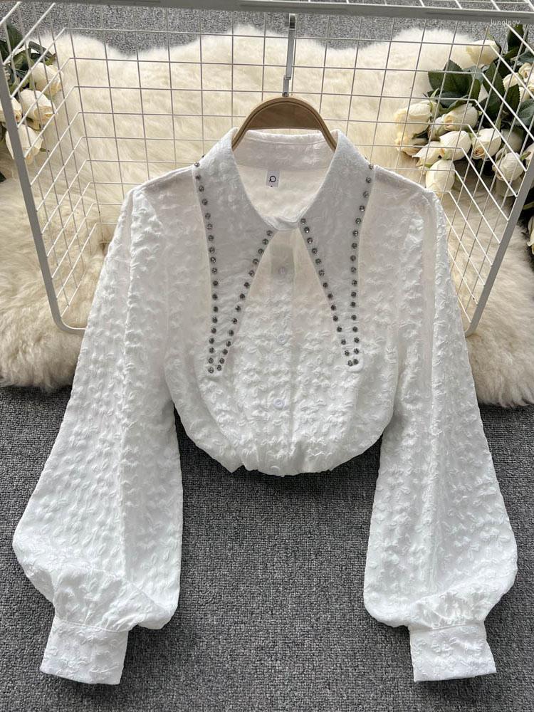 

Women's Blouses Women Autumn Winter Shirt 2022 French Top Collar Design Feeling Nail Bead Jacquard Fashion Bubble Sleeve D2257, White