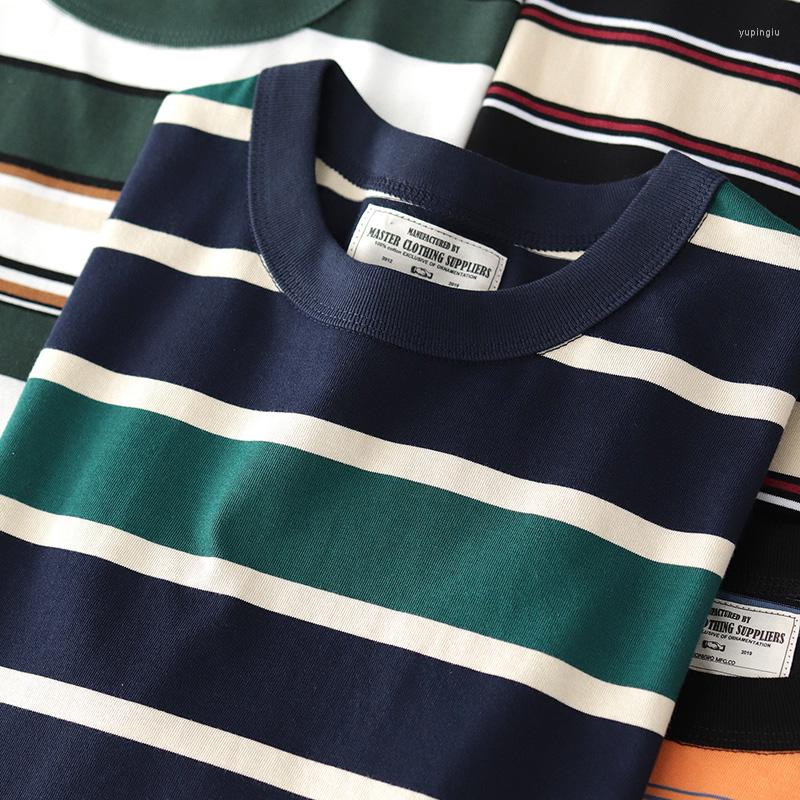 

Men's T Shirts 1124# Summer Japanese Retro 230g Short Sleeve O-neck Striped T-shirt Men's Fashion Cotton Washed Casual Couple Tops, Green and white