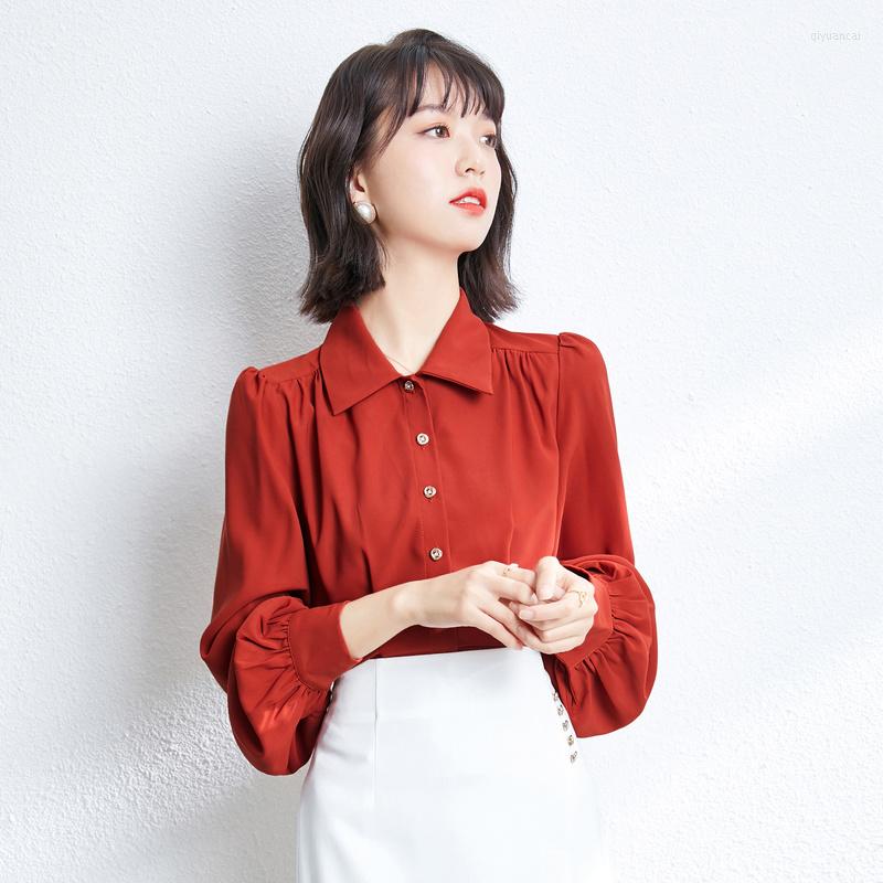 

Women' Blouses Chiffon Women' Blouse Large Size Solid Loose Summer Shirt 2022 Long Sleeves Casual Top Fashion Folds Female Clothing, Red