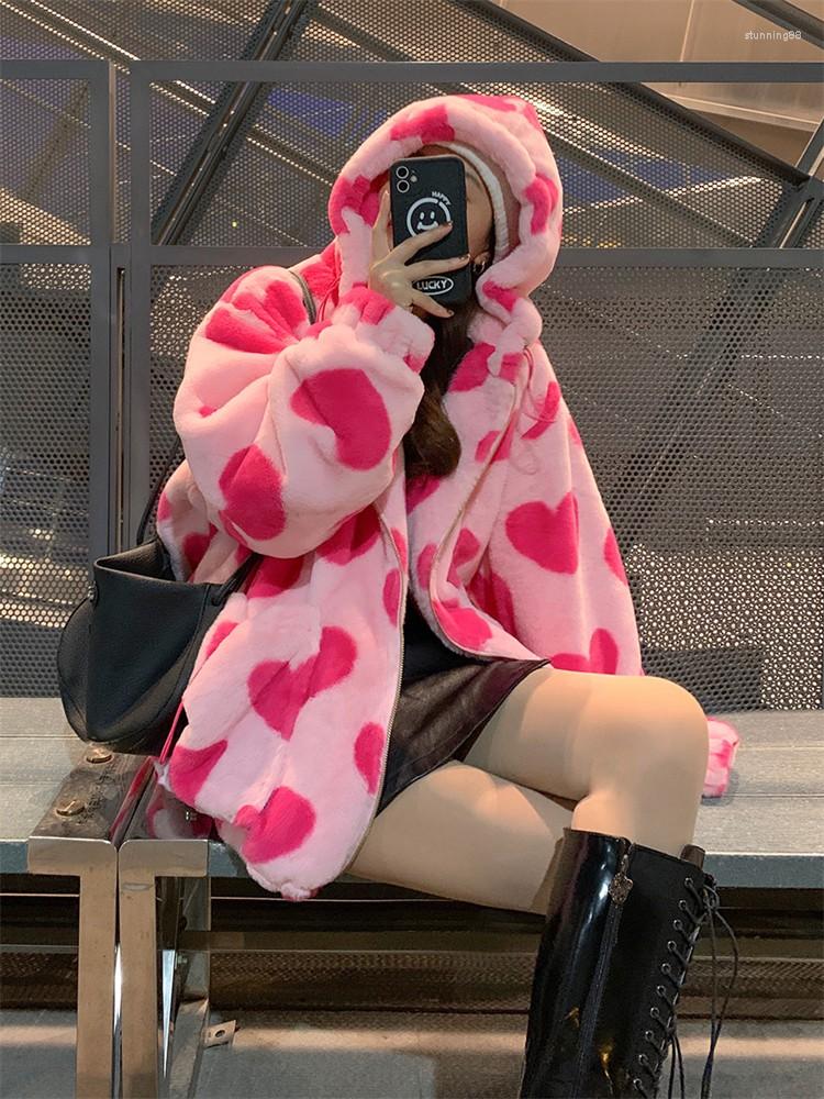 

Women' Fur Young Sweet Girls Fashion Love Heart Kawaii Style Faux Hair Lamb Coat Women' Winter Loose Hooded Plush Overcoat, Beige