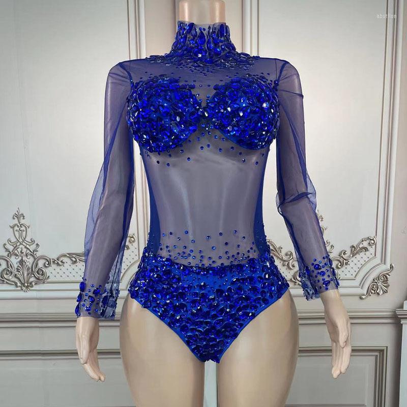 

Stage Wear Sexy Mesh Transparent Stones Bodysuit Birthday Party Outfit Rhinestones Rompers Women Singer Team Dance Blue, Blue bodysuit
