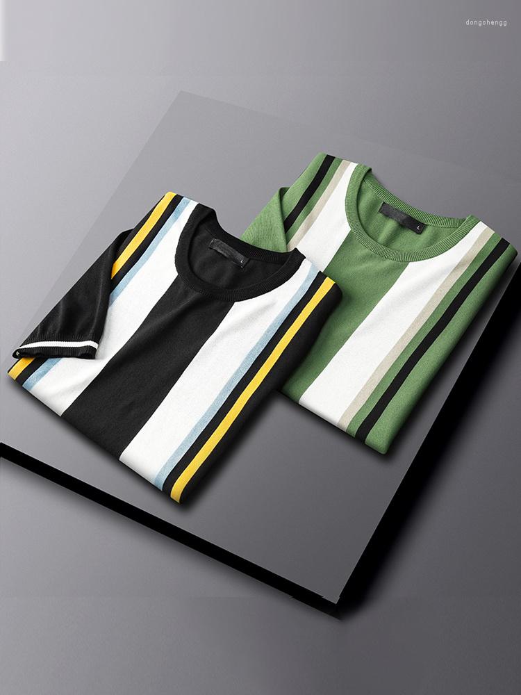 

Men's T Shirts Summer 2022 Fashion Men T-shirt Knitted Short Sleeves Top Men's Solid Color O-neck Pullover Shirt Male Slim Striped Tees, Heilv