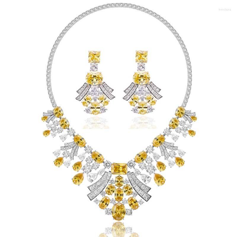 

Necklace Earrings Set Dubai Luxury Fashion Women's Yellow Zirconia Diamond Stone Fan-shaped Tennis Chain Bridal Wedding Jewelry, Picture shown
