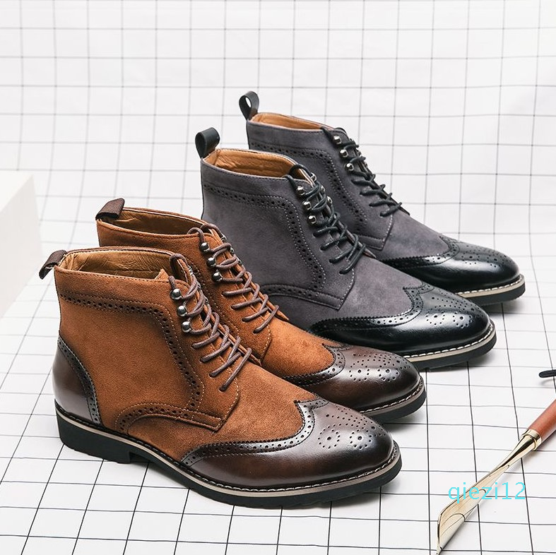 

Boots Men Shoes Personality PU Stitching Faux Suede Classic Carved Lace Fashion Casual, Black