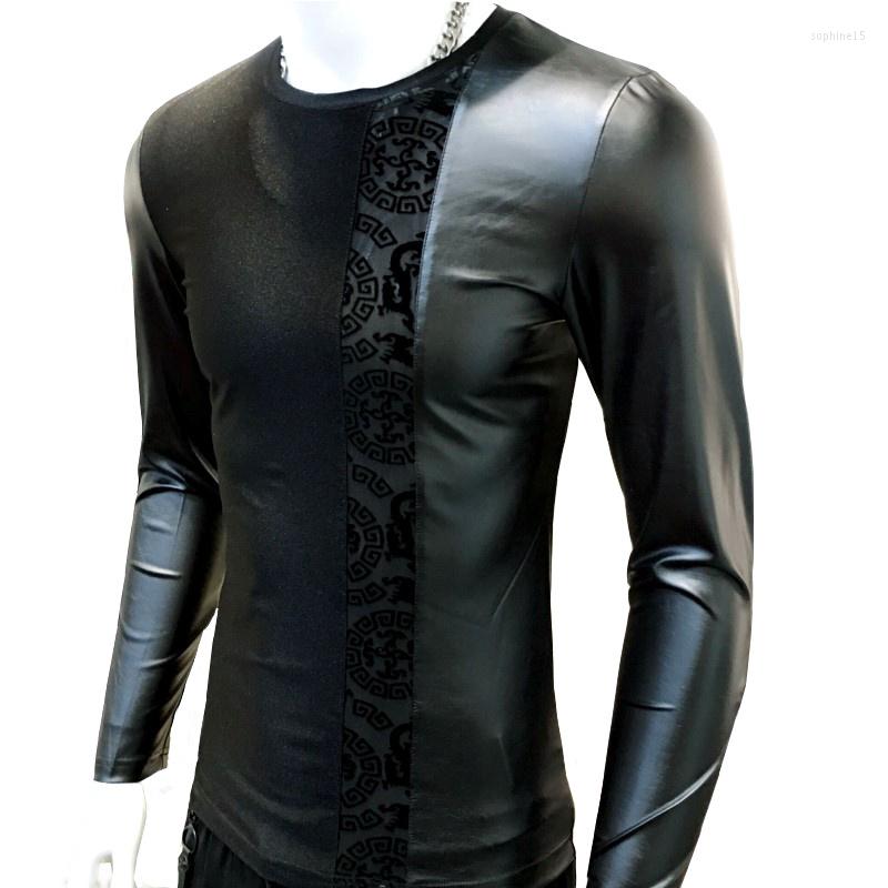 

Men' T Shirts Men Spring Korean Long-sleeved T-shirt Tide Male Brand Crewneck Mercerized Cotton Hollow Stitching PU Leather, E style