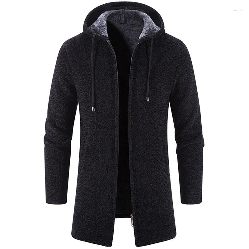 

Men's Trench Coats Winter Knitted Sweater Men Fashion Long Cardigan Outer Hooede Coat Mens Casual Fleece Warm Windbreaker Man, Black