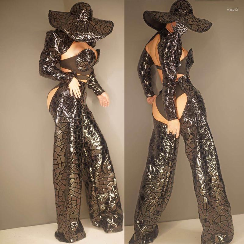 

Stage Wear Black Sequins Mirror Bra Pant Shawl Cap Outfit Set Women DJ Dancer Singer Show Sexy Bar Party Rave Reflective Costume
