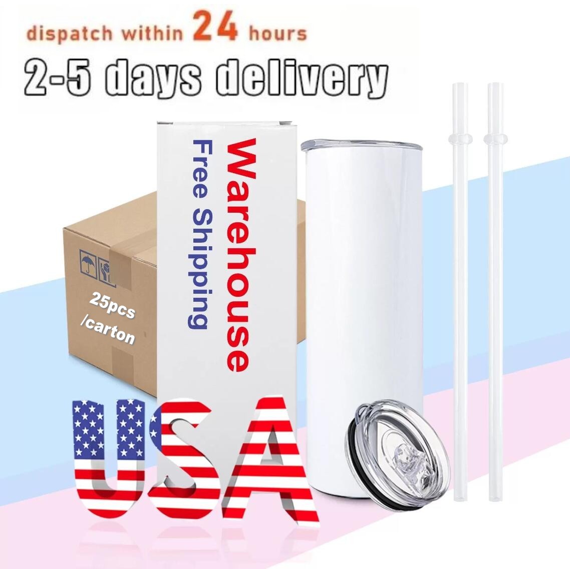 

USA Warehouse Sublimation Tumblers Mugs Blank 20 oz White Straight Blanks Heat Press Mug Cup With Straw 16oz Glass Cola Can With Bamboo Lid GC1101, A lot=1 cup+1 lid+1 straw