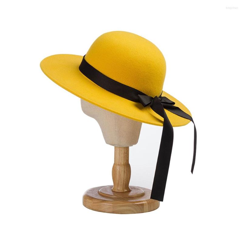 

Berets Korean Bowknot Ribbon Woolen Dome Wide Brim Children's Top Hat Fashion Concave Shape Kids Wool Fedora, Red
