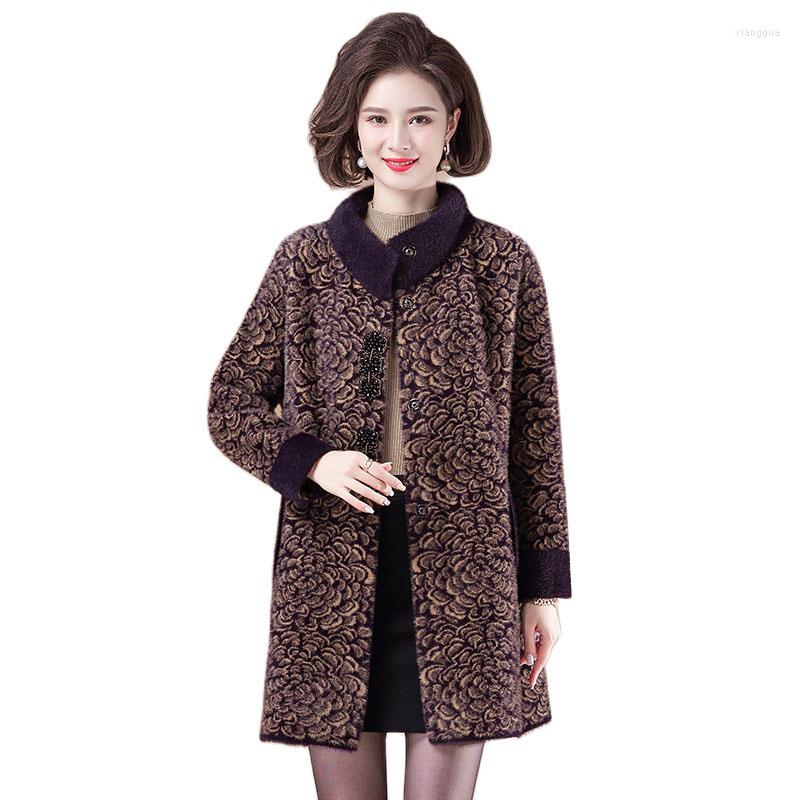 

Women's Wool Imitation Mink Woolen Coat Women Jacket Winter 2022 The Elderly Female Warm Mid-Long Cardigan Outerwear, Purple 2935