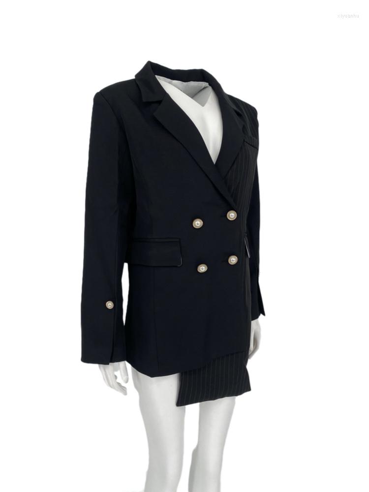 

Women's Suits 2022 Spring Autumn Women Blazer Jacket Asymmetrical Striped Pearl Irregular Long Suit Plus Size Coat, Black