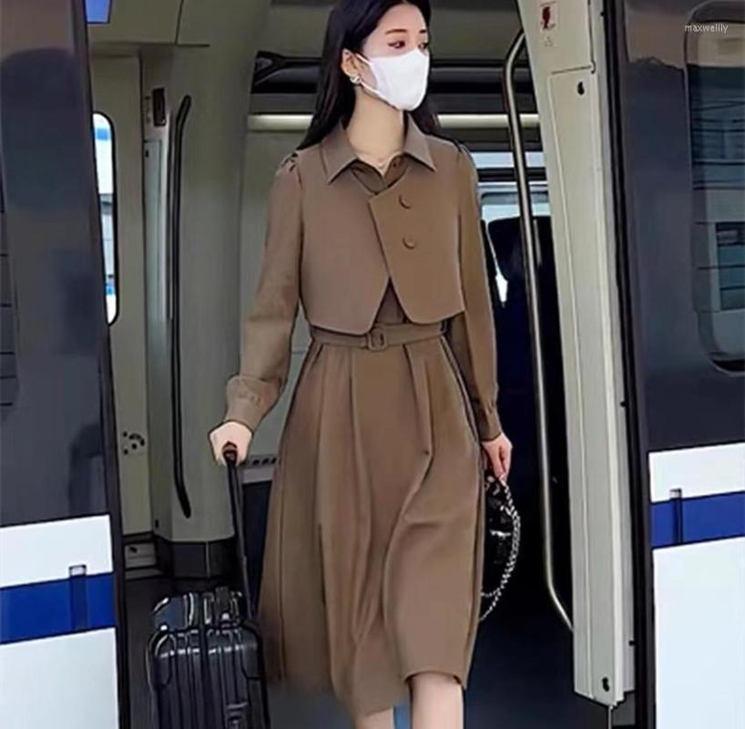 

Work Dresses High Quailty Autum Office Ladies 2 Piece Set Fashion Women Sleeveless Vest Cropped Tops Lapel Shirt Belt Midi Suits, Auburn