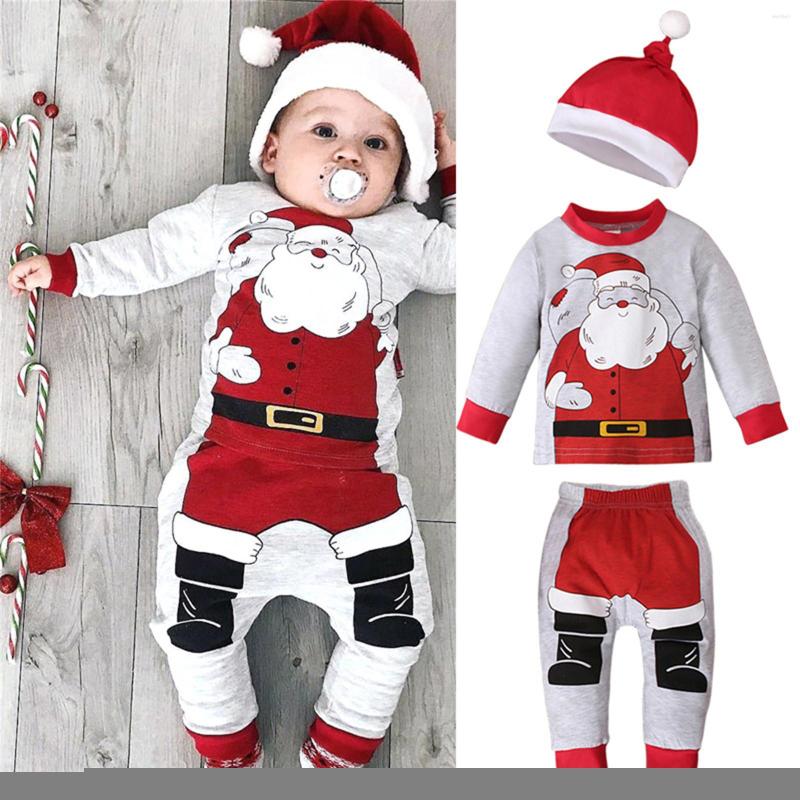 

Clothing Sets Infant Baby Girls Boys Outfits Set Christmas Santa Clause T-Shirt Tops Xmas Pants With Hat Clothes Gifts Twin, Grey