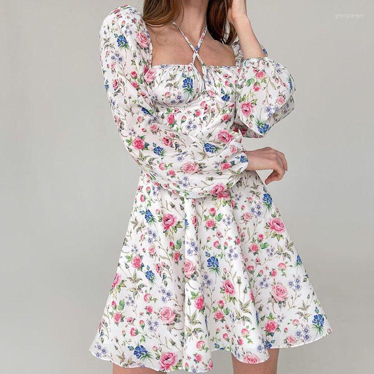 

Casual Dresses Sleeve Square Collar Print Mini Women 2022 Fall Fashion Elegant Flower Bandage Boho Short Dress, Pink