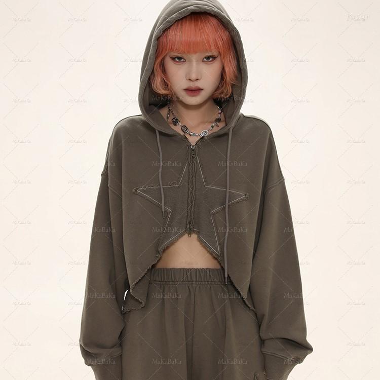 

Women' Hoodies Women' Y2k Street Style Loose Hooded Sweater Jacket Goth Stars Patchwork Braided Drawstring Hat Irregular Hem Coat, Pink