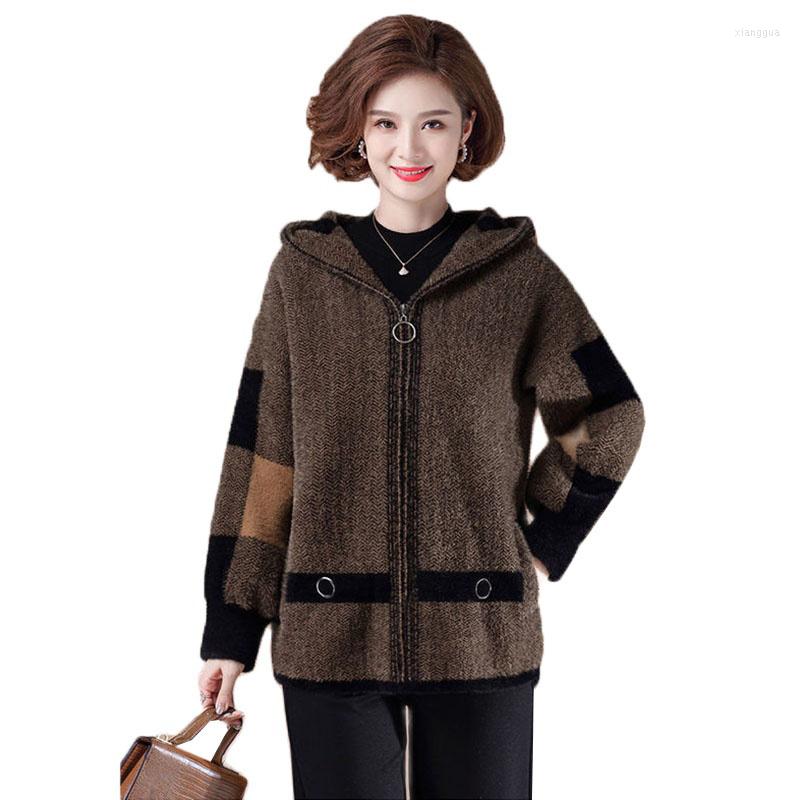 

Women's Wool Winter Mink Fleece Hooded Jacket 2022 Middle-Aged Women Autumn Double-Sided Woolen Female Casual Outerwear, Grey