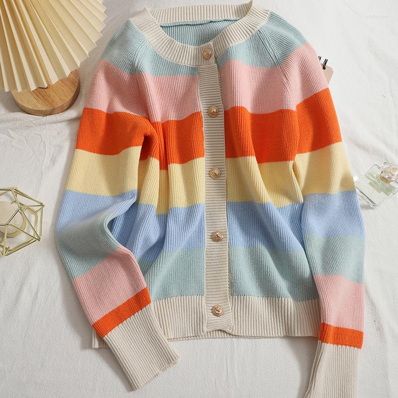 

Women's Knits Button O Neck Rainbow Striped Sweet Cardigans Female Sweater Coat 2022 Autumn Vintage Knitted Cardigan For Women Jacket, Multicolor