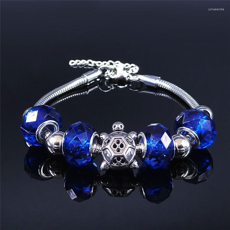 

Link Bracelets Tortoise Stainless Steel Blue Glass Bead Charm Bracelet For Women Silver Color Jewelry Pulseras Mujer Moda BXS01