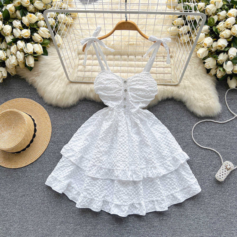 

Small High Quality Lace Up Suspender Dress Summer Women's Slim Waist White Cake Skirt