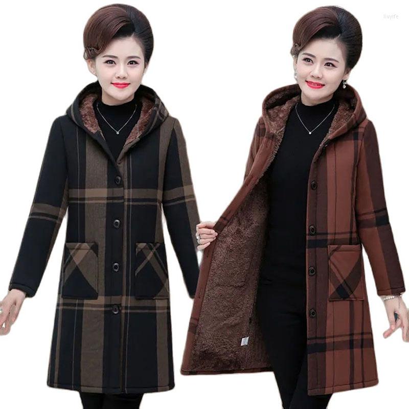 

Women's Trench Coats 2022 Winter Women Jacket Cotton Coat Middle-Aged Hooded Plus Velvet Female Mid Long Warm Outwear Womens Parka R1329, Black
