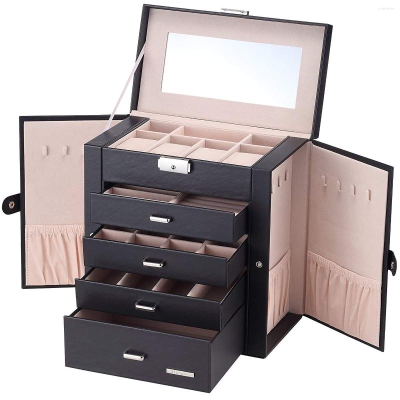 

Jewelry Pouches Synthetic Leather Huge Box Mirrored Watch Organizer Necklace Ring Earring Storage Lockable Gift Case Black 2022