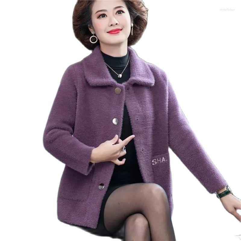 

Women's Wool Middle-Aged Elderly Mothers 2022Autumn Winter Female Imitate Water Mink Short Coat Thicken Ladies Cardigan Woolen Jacket, Purple