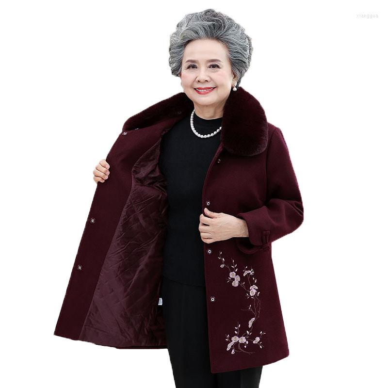 

Women's Wool Autumn Winter Woolen Coat Middle-aged Elderly Women Jackets Mid-Long Thick Warm Grandma Overcoat Female Outerwear R628, Green