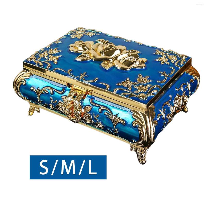 

Jewelry Pouches Rectangular Rose Engraved Trinket Box Blue Zinc Alloy Material Exquisite Decorative For Women Girls Handcraft