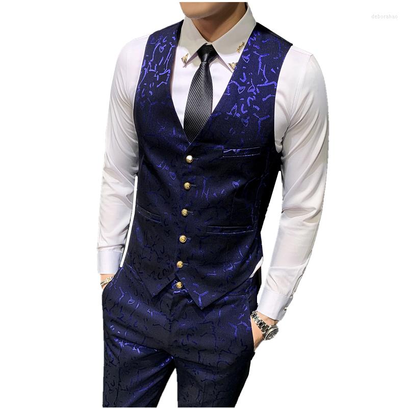 

Men's Vests Golden Buttons Vest Men Suit Gilet Homme Wedding Sleeveless Slim Fit Paisley Floral Dress For Single Waistcoat, Blue pants