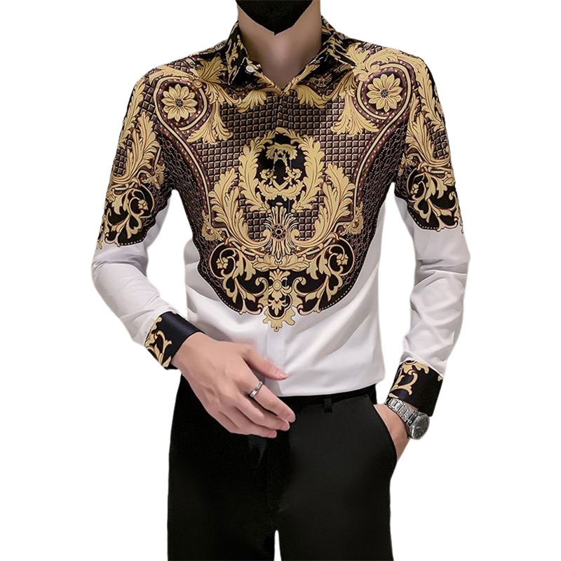 2022 Men's Casual Shirt's Luxury Fashion Men Dress Shirts Gold Floral Print Mens Cotton Silk Slim Fit Long sleeve Shirt Clothing size S