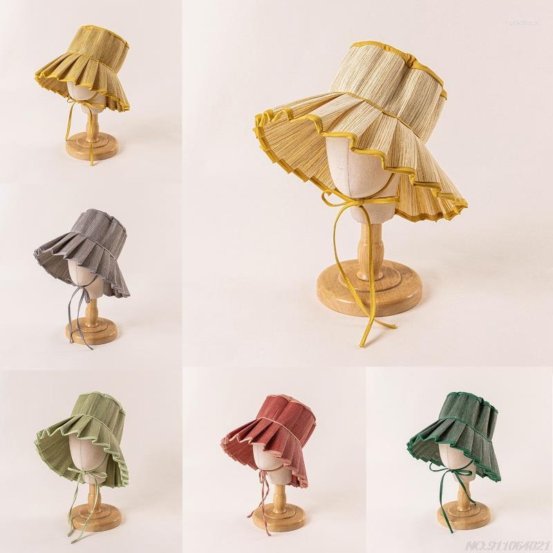 

Berets Children Summer Beach Straw Hat Jazz Bucket Breathable Large Brim Outdoor Vacation Pleated Hats Girl Boy Sunhat Drop, Gray