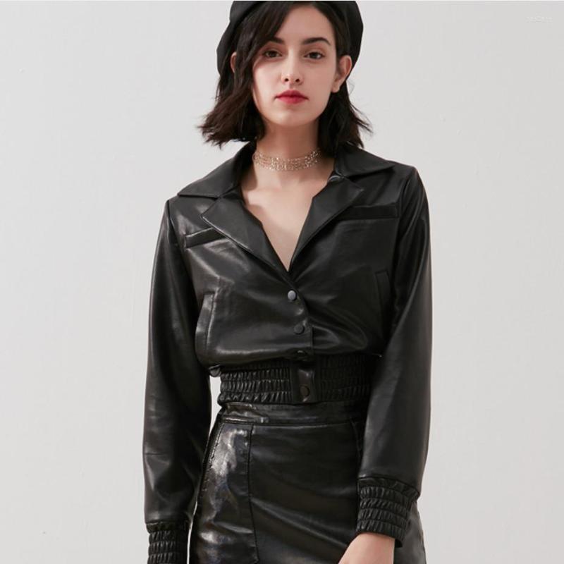 

Women' Leather Fasten Waist Elastic Pu Coats Women Short Was Thin Jacket Punk Rock Cropped Jackets F2083 Dropship, Black