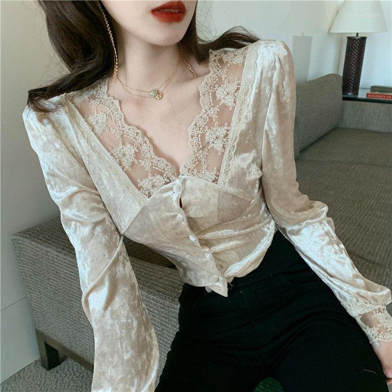 

Women' Blouses 2022 Spring Women' Fashion Western Style Sexy Lace Waist Blouse Deep V Design Sense Base Shirt Long Sleeve, Apricot
