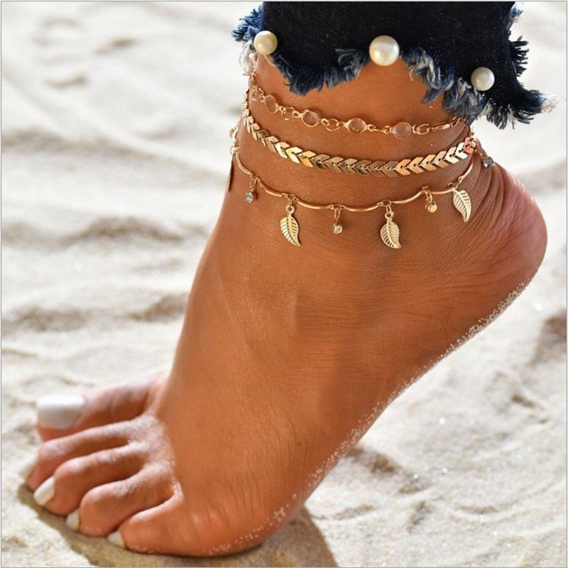 

Anklets Vintage 3 Pcs Personality Multi-layer Leaves Pendant Corn Chains Adjust Summer Beach Style Anklet For Women Ankle Jewelry