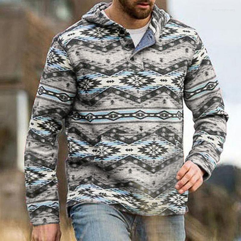 

Men's Hoodies Retro Geometric Print Hoodie Sweatshirt Men Casual Button Hooded Top Pullover Fashion Kangaroo Pocket Spring Autumn Male, Gray