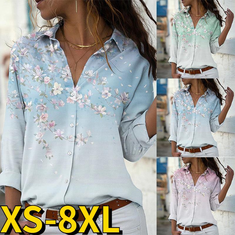 

Women's Blouses 2022 Women Autumn Winter V-neck Blouse Long Sleeve Tops Lady Everyday Oversize Shirts Fashion Floral Print, Green