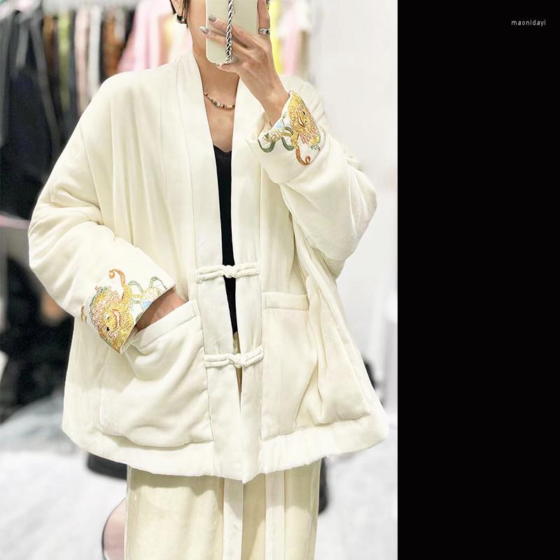 

Women' Trench Coats Cuff Embroidered Silk Velvet Chinese Style Vintage Single Breasting Pocket Loose Autumn And Winter Cotton Jacket Women, Black
