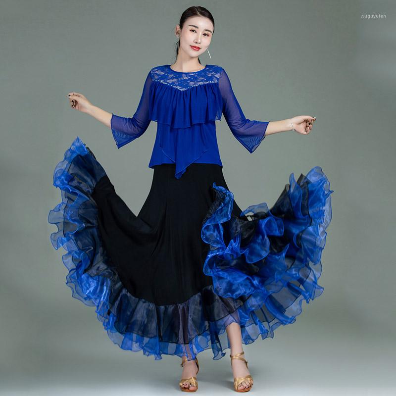 

Stage Wear Ballroom Dance Competition Skirt For Women Costume Blue Tango Dancer Outfit Long Designer Clothes DL7189, Only skirt