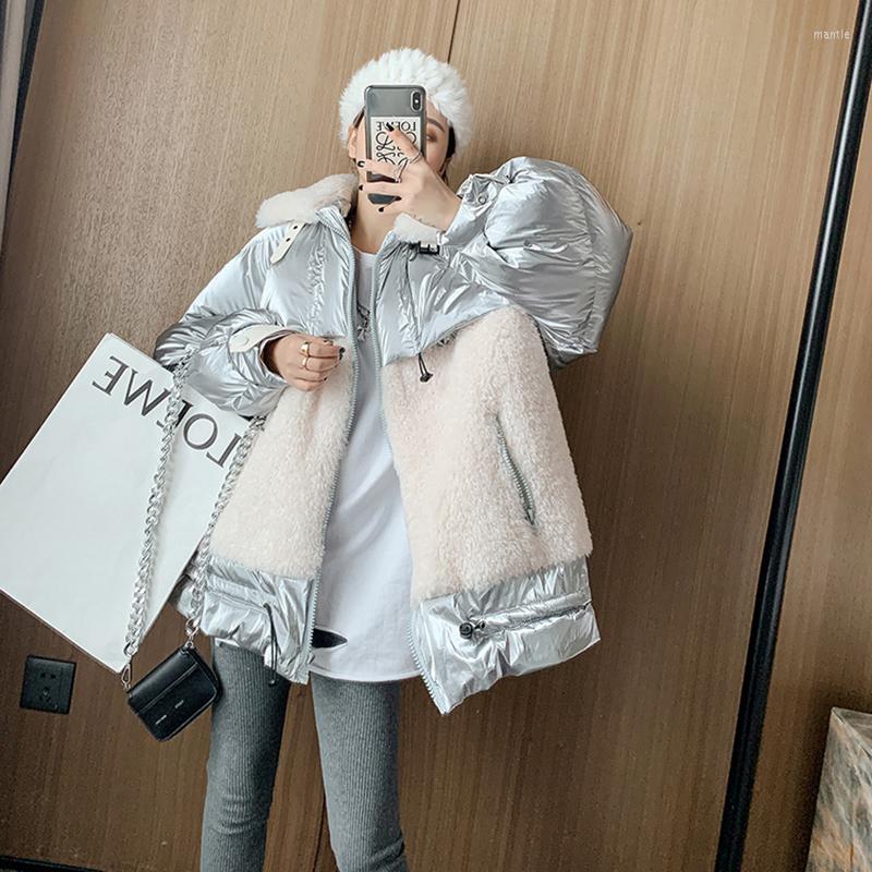 

Women' Trench Coats 2022 Winter Plus Siz Coat Woman Long Fashion Faux Lambwool Down Cotton Parka Female Warm Loose Glossy Patent Leather, Black