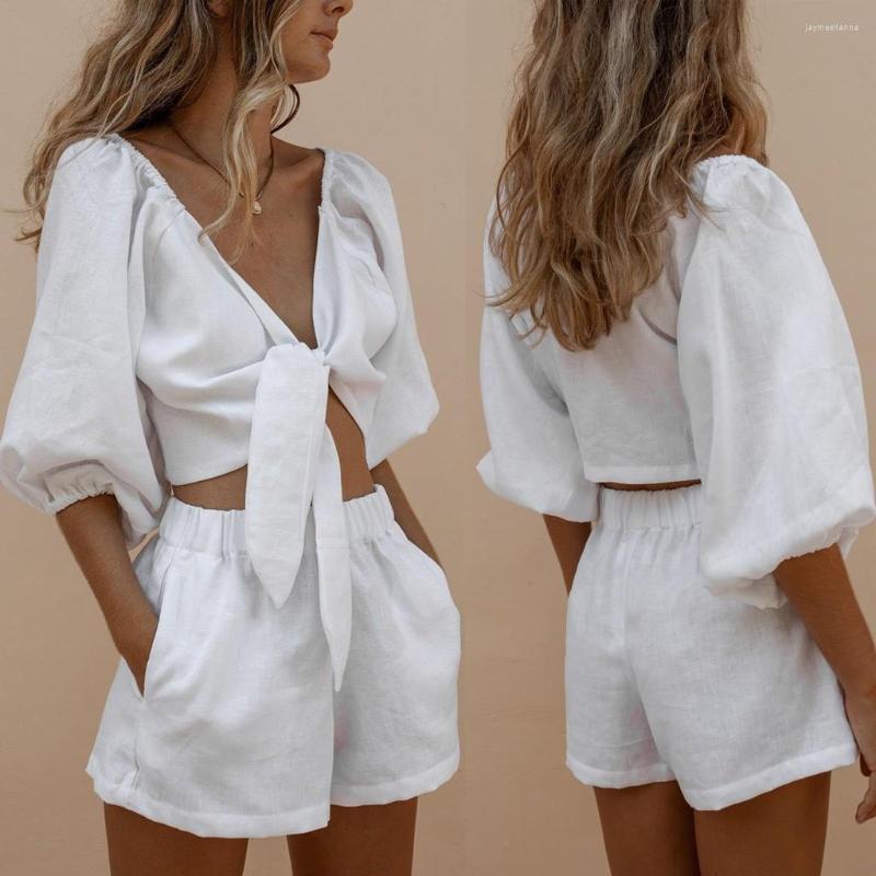 

Women' Tracksuits 2pcs Set Women' Casual Solid Shorts Middle Sleeve T-Shirt White Sports Streetwear Summer Beach Tops Pants, Wh