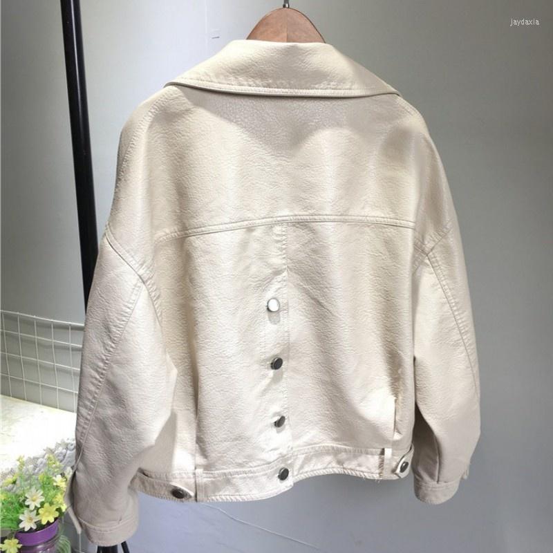 

Women' Leather Women Fashion Autumn Lapel Collar Pu Jacket Batwing Sleeve Faux Biker Female Loose Fit Streetwear Coat, Beige
