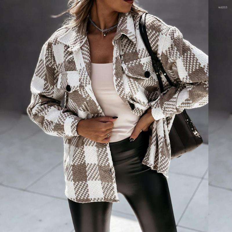 

Women' Jackets Women Plaid Shirt Loose Coat Fashion Checked Casual Turn-down Collar Autumn Oversized Jacket Female Tops Streetwear, Color 2