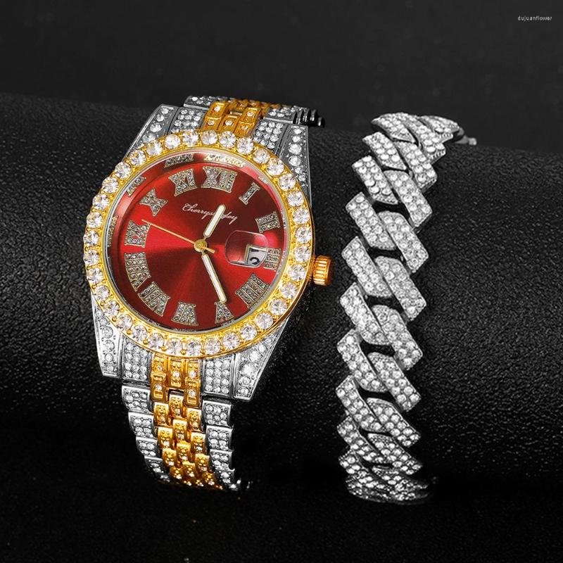 

Wristwatches Full Iced Out Watch For Men Bling Miami Cuban Chain Bracelet Watches Hip Hop Luxury Gold Women Relojes, Gold bracelet